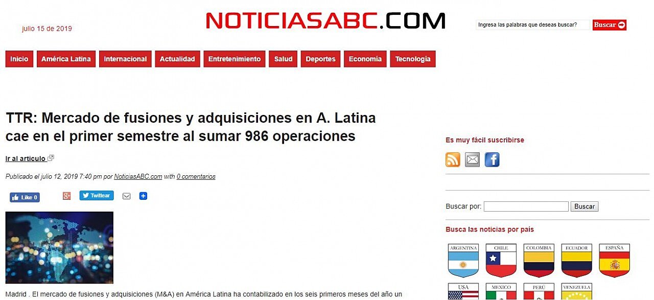 TTR: Mercado de fusiones y adquisiciones en A. Latina cae en el primer semestre al sumar 986 operaciones